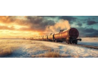 一列小运转货运列车，拉了一节平板车和两节客车车厢驶出车站