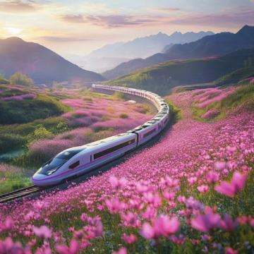 重庆轨道交通2号线列车穿行“花海”,成“开往春天的列车”。