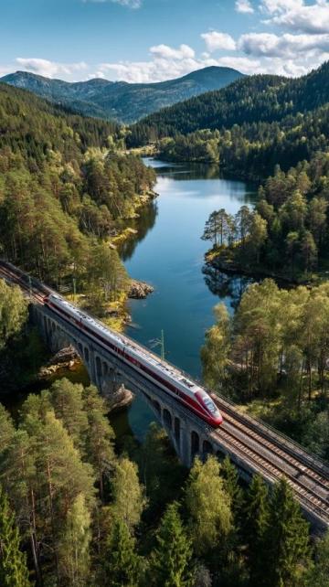 在一片晴朗的蓝天下，一列高速行驶的火车如同穿梭于时间的长河