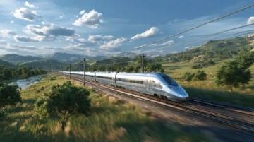 在一片晴朗的蓝天下,一列高速行驶的火车如同穿梭于时间的长河